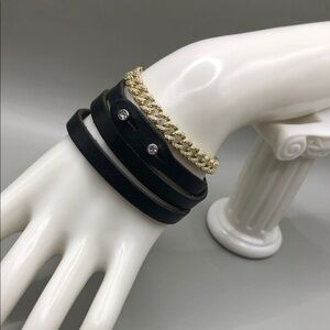 Tulsi Italian Leather Long Wrap Bracelet w Crystals + Sparkling Chain Bracelet.